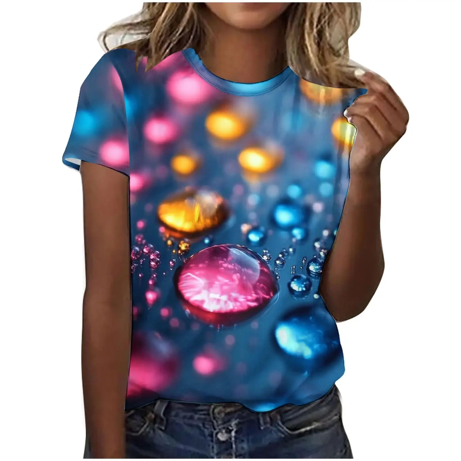 

Красочные футболки с 3D принтом капель воды, женские повседневные футболки с круглым вырезом и короткими рукавами Y2k, футболки в стиле Харадзюку, уличная верхняя женская одежда