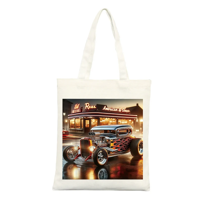 Vintage Car Graphic Canvas Tote Bag with Flame Print, Ideal for Casual Shopping and Retro-style Outings