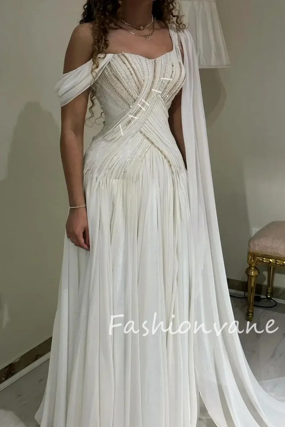 Fashionvane 2024 Customized A-Line Off Shoulder Sleeveless Pleated Beaded Floor Length Elegant Luxury Saudi Arabia Prom Dress