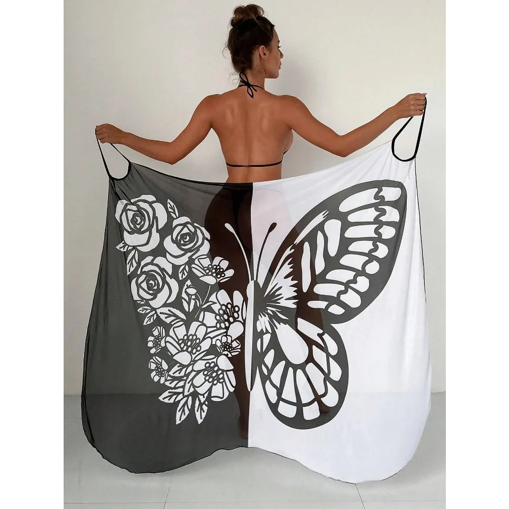 Verano Sexy estampado de mariposa cubrir traje de baño vestido de mujer túnica Bikini baño Sarong falda envolvente traje de baño elegante señora ropa de playa