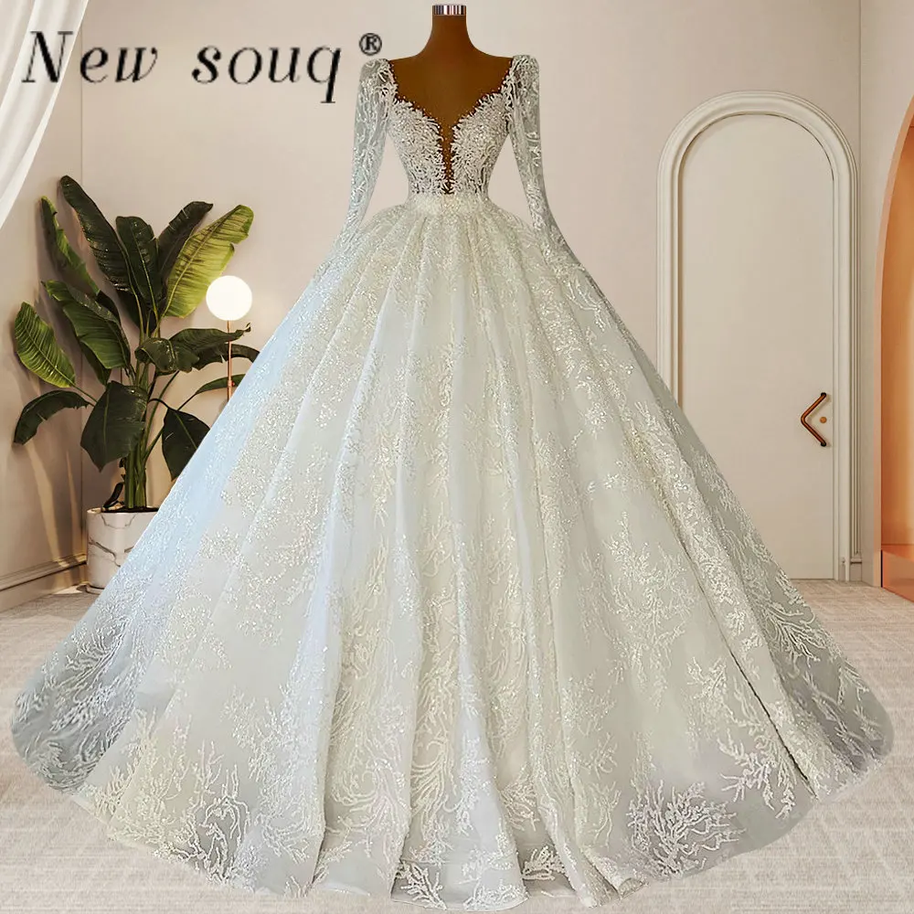 

Luxury Sparkly Beaded Long Sleeves Wedding Dresses for Bride Dubai Puffy Ball Gown Bridal Gowns Ruched Robes De Mariée