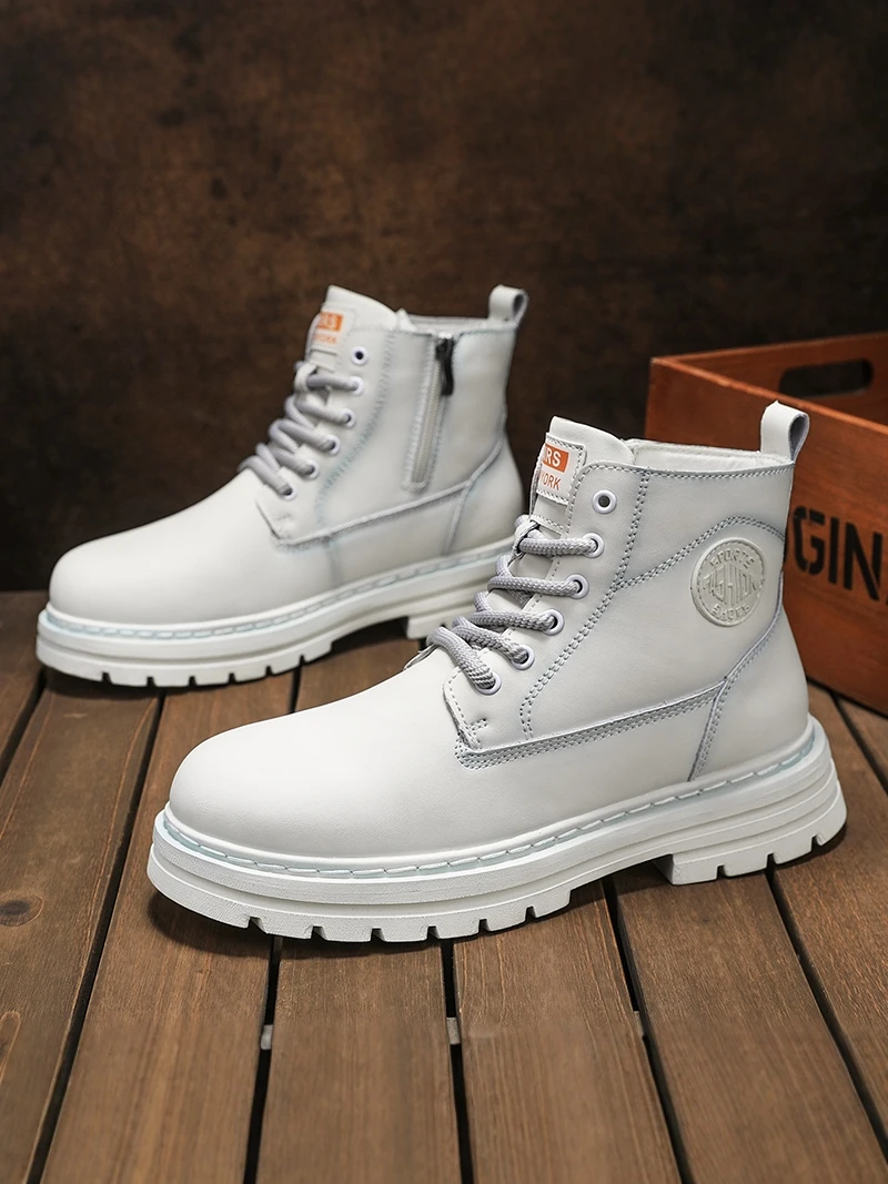 

Men's Winter High-Top Leather Boots Casual Sports Versatile Hiking Traveling Workwear Boots Couple Matching White