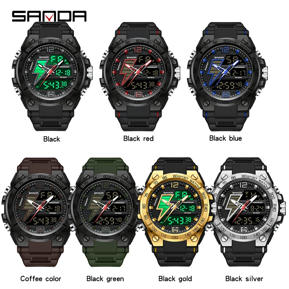 SANDA  6137 Waterproof Outdoor Sports Chronograph Hand Clock Trendy Fashion Men's Led Analog Digital Alarm Wrist Watches