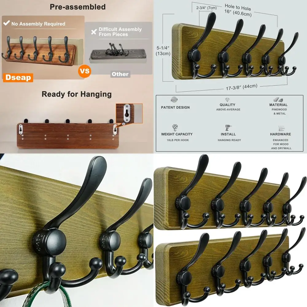 

Настенная деревянная вешалка для одежды повышенной прочности с 5 крючками, цвет состаренный зеленый и черный, комплект из 2 штук