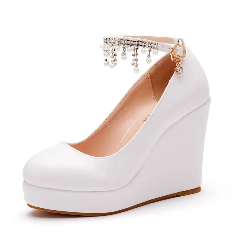 11cm White Round Head Wedges Platform Shoes Women Tassel Flowing High Heel Shoes Plus Size for Wedding Party Chaussure Femme