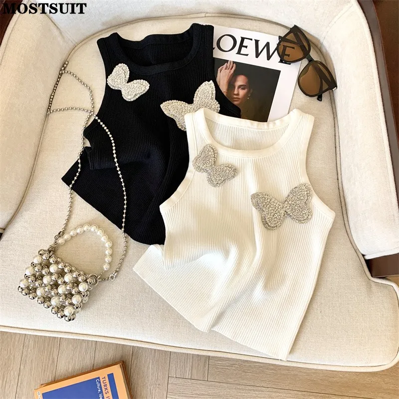 2024 Summer Sexy Slim Sweater Vests Women Crop Tops Knitwear Rhinestones Butterfly Sleeveless O-neck Stylish Fashion Chic Jumper