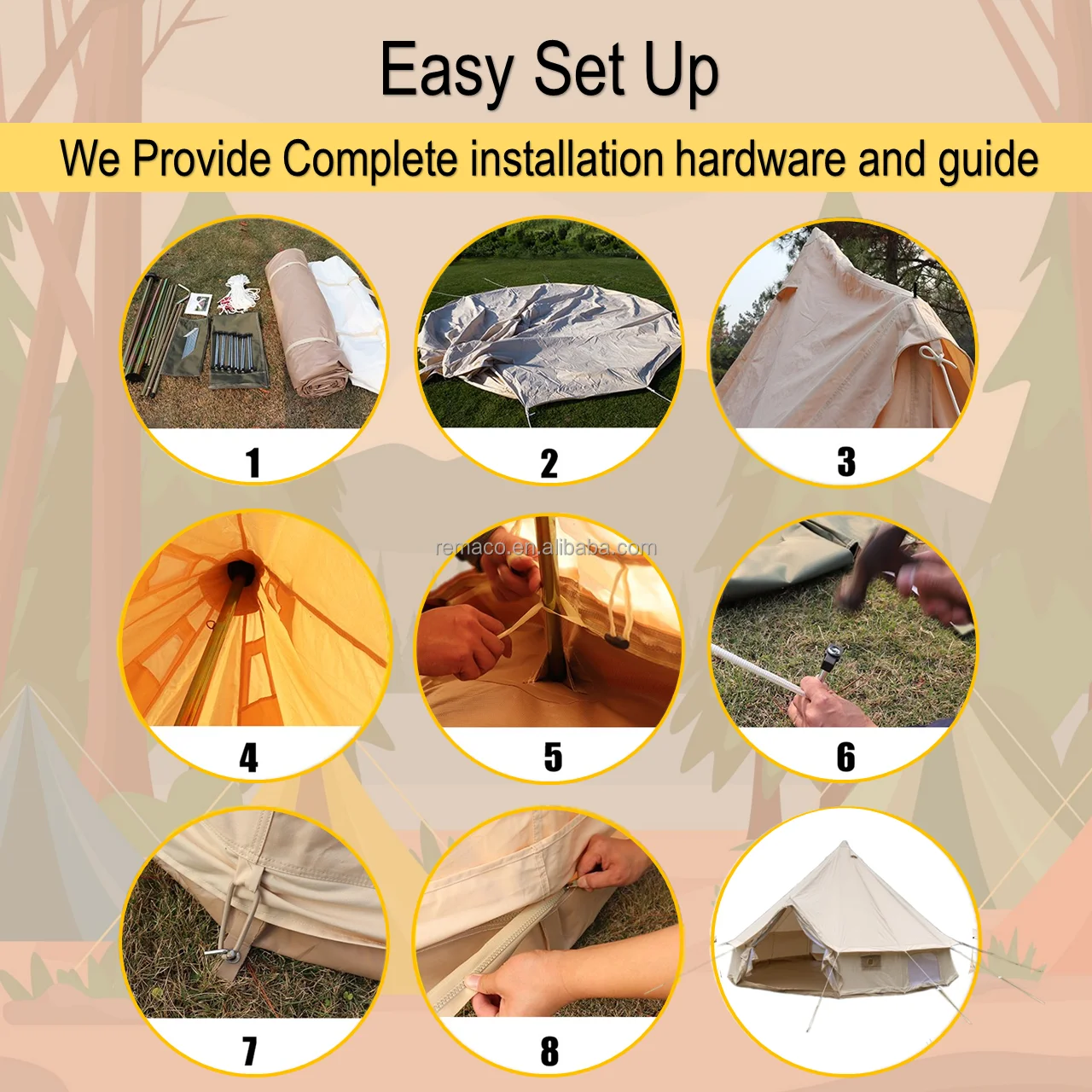 Remaco New Design 3M/4M/5M/6M Outdoor Camping Luxury Yurt Glamping 4 Season 5-12 Persons Family Canvas Cotton Large Bell Tent