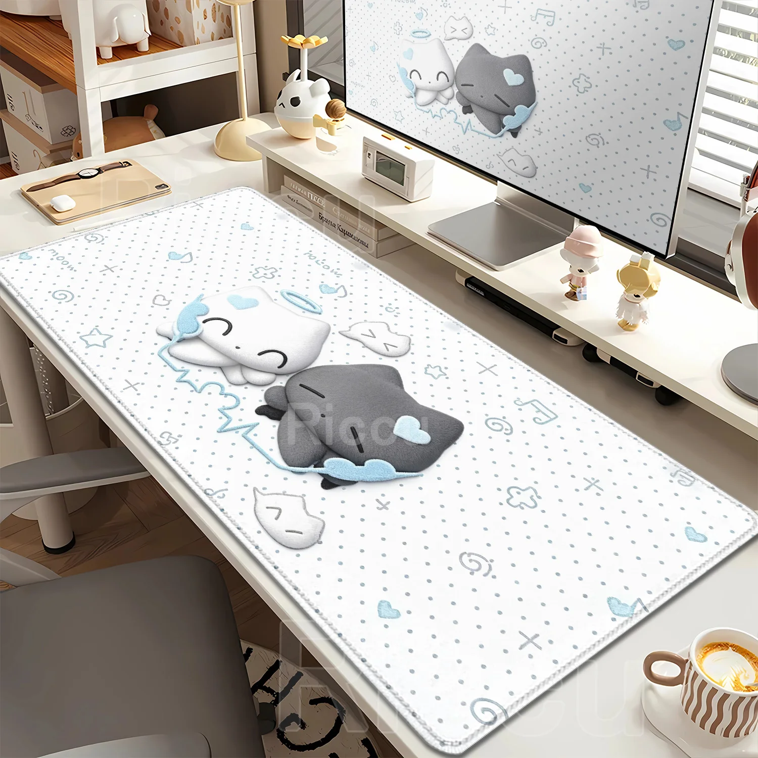 Desk Pad Protector Anime Japanese Angel Cat INS Mouse Pad Office Desk Mat Polka Dots Non-Slip Gaming PU Desk Blotter Pad