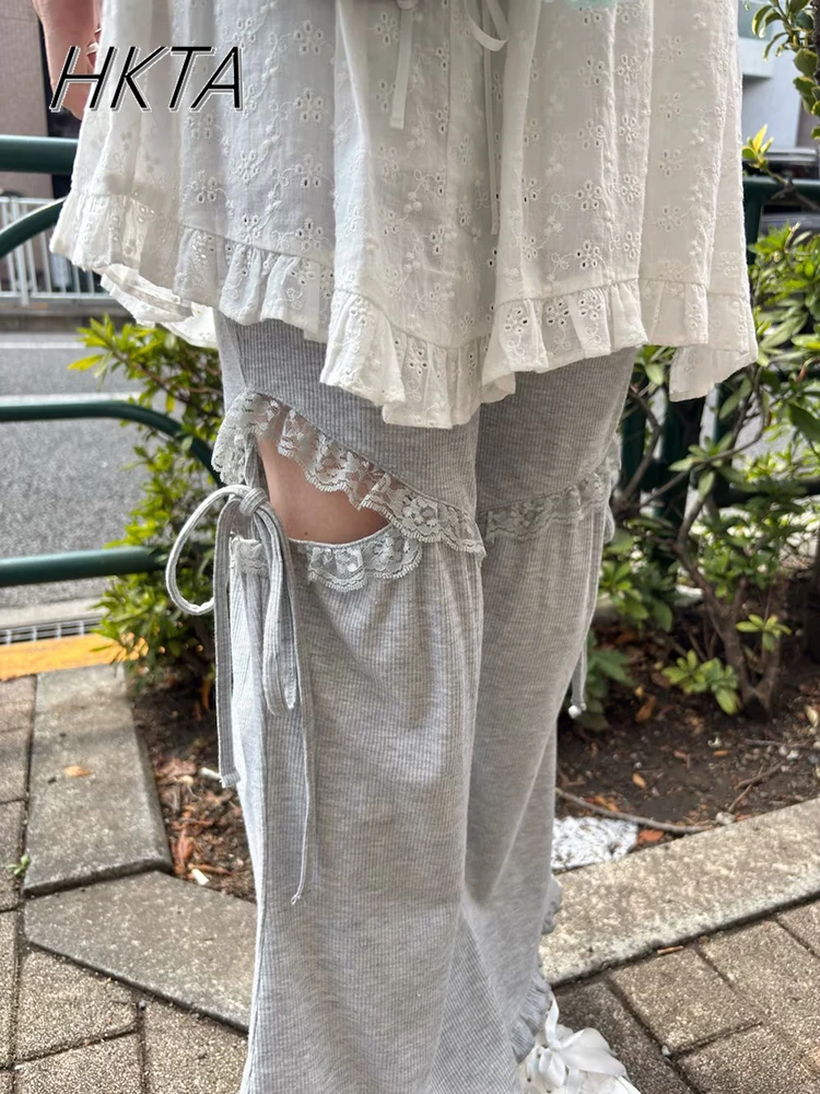 

Japanese Sweet Elastic Waist Knee Hollow Lace-up Leggings Flared Pants Summer New Straight Casual Pants Female Long Trousers