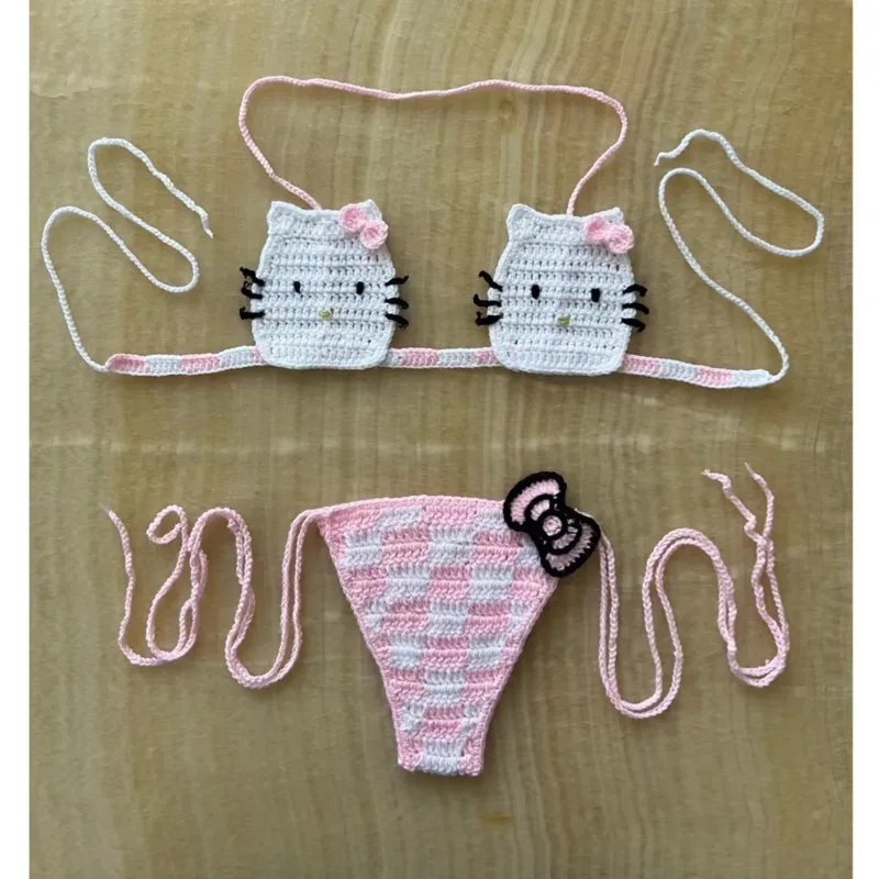 Miniso Hello Kitty Crochet Bikini Set Women Summer Sexy Bathing Suit 2024 Kitty Cat Y2k Swimsuit Thong 2piece Swimming Suits