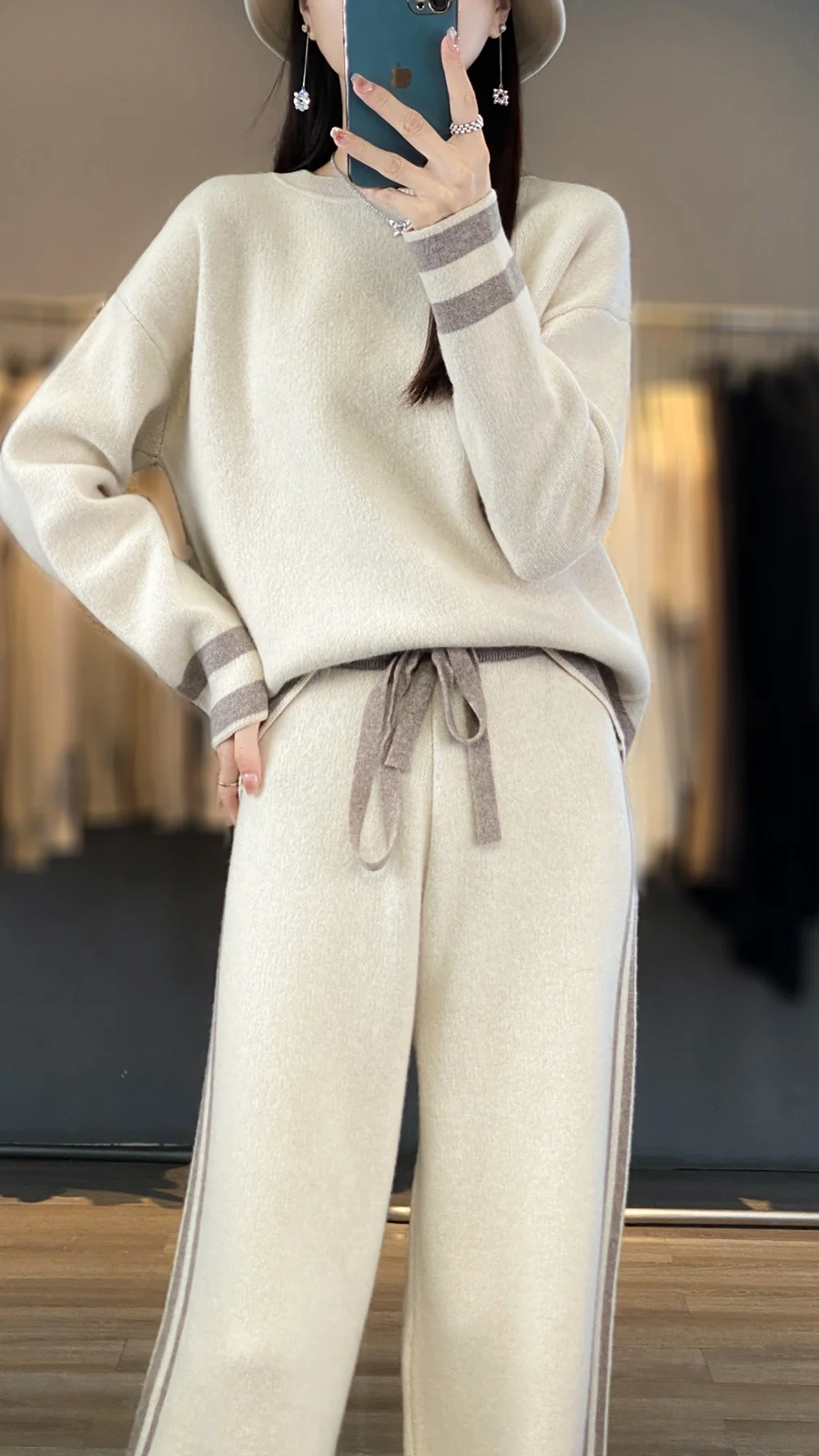 Autumn and winter new 100% pure wool knitted loose fitting pullover sweater wide leg pants two-piece set [returns not supported]