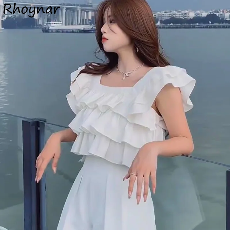 

Blouses Women Summer Flying Sleeve Ruffles Design Temperament Crop Tops Trendy Females Students Aesthetic Pure Ulzzang Casual