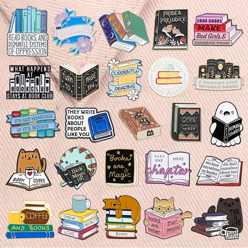 Creative Book Collection Enamel Pins Coffee Lazy Cat Bookworm Nerd Magic Book Brooches Lapel Badge Jewelry Gifts For Friends