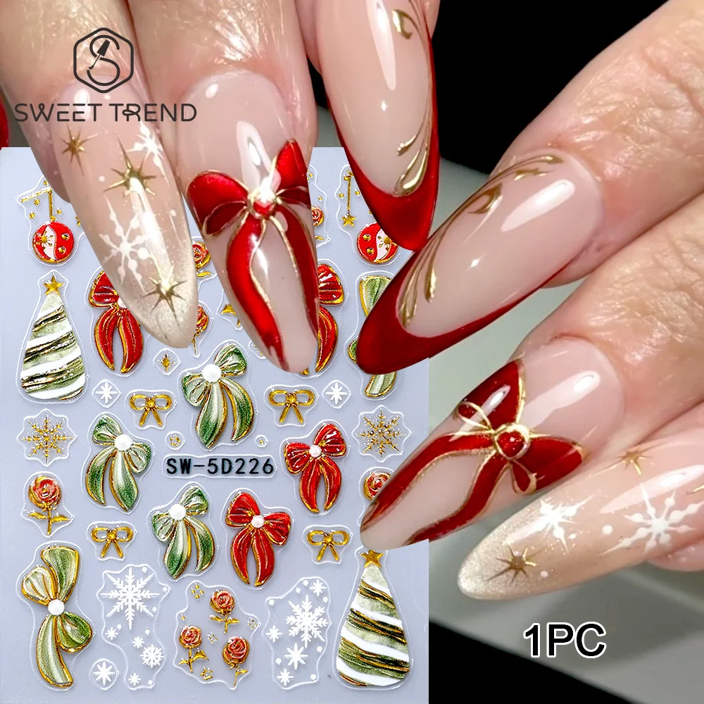 SWEET TREND-1pc 5D Embossed Christmas Nail Sticker Bow Rose Flower Snowflake Crystal Ball Nail Decals Xmas Manicure Decoration