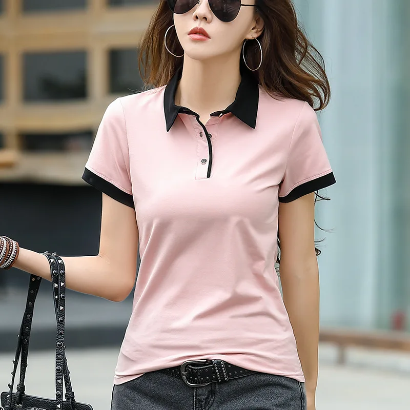 HI-FASHION 여성용 턴다운 칼라 반팔 티셔츠, 2022 슬림 캐주얼 오피스 여성 상의, 심플한 한국 스타일, 여름