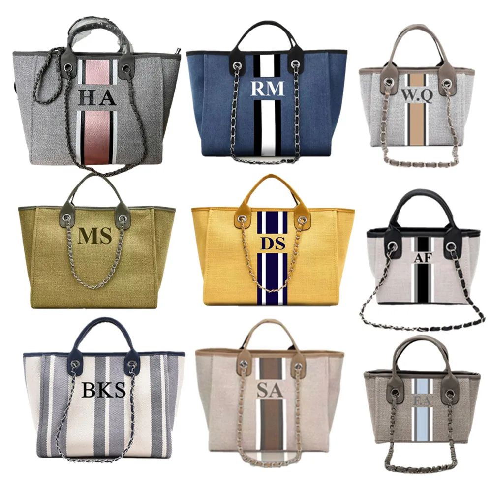 Personalized Custom Monogram Tote Bag Travel Tote Bag Striped Initials Name High-end Chain Tote Bag Shopping Shoulder Bag