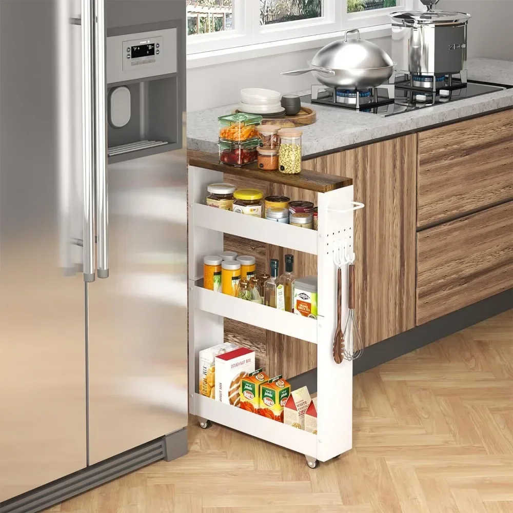 

#For Slim Storage Cart,4-Tier Kitchen Rolling Cart Narrow Storage Cabinet with Handle & Wood Top,Metal Rolling Shelf Unit for Ki