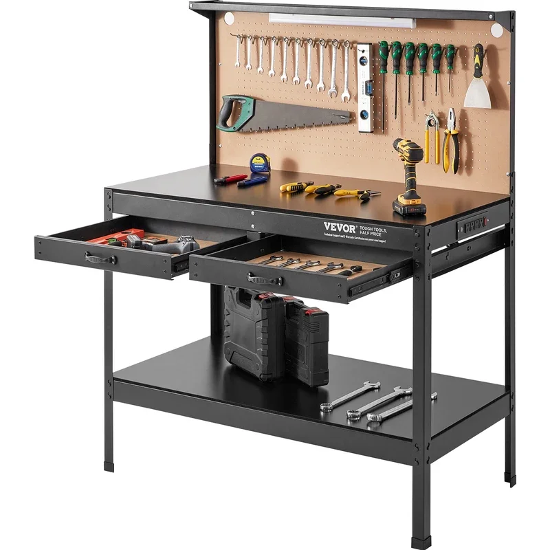 2000lbs Hardwood Workbench Heavy Duty Oak Plank Work Table Carbon Steel with 3m Cable 30 Hooks for Garage Office Workshop