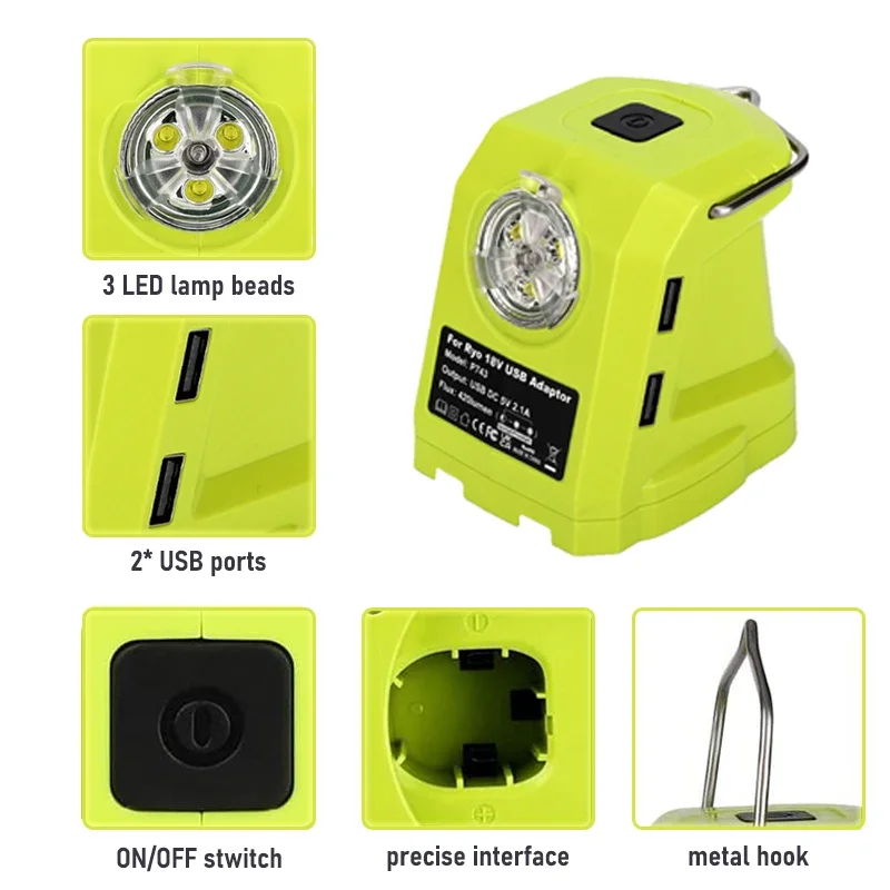 Dual USB Adapter for Ryobi 18V Battery P108 P109 Portable Power Source with LED Work Light Flashlight Hook for Outdoor Camping