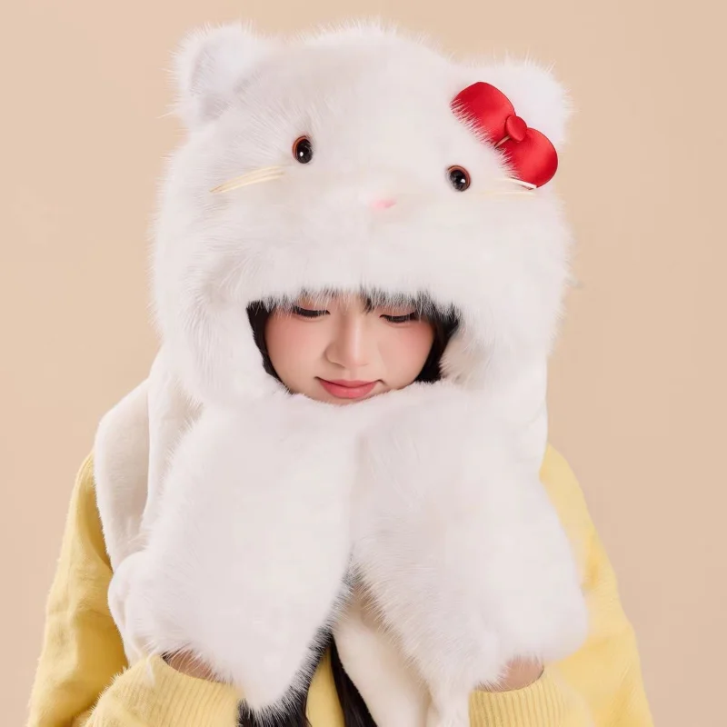 قبعة سانريو هالو كيتي العصرية للفتيات في الشتاء والدفء في الهواء الطلق ومقاومة للرياح والبرودة وشاح بقلنسوة هدية عيد الميلاد