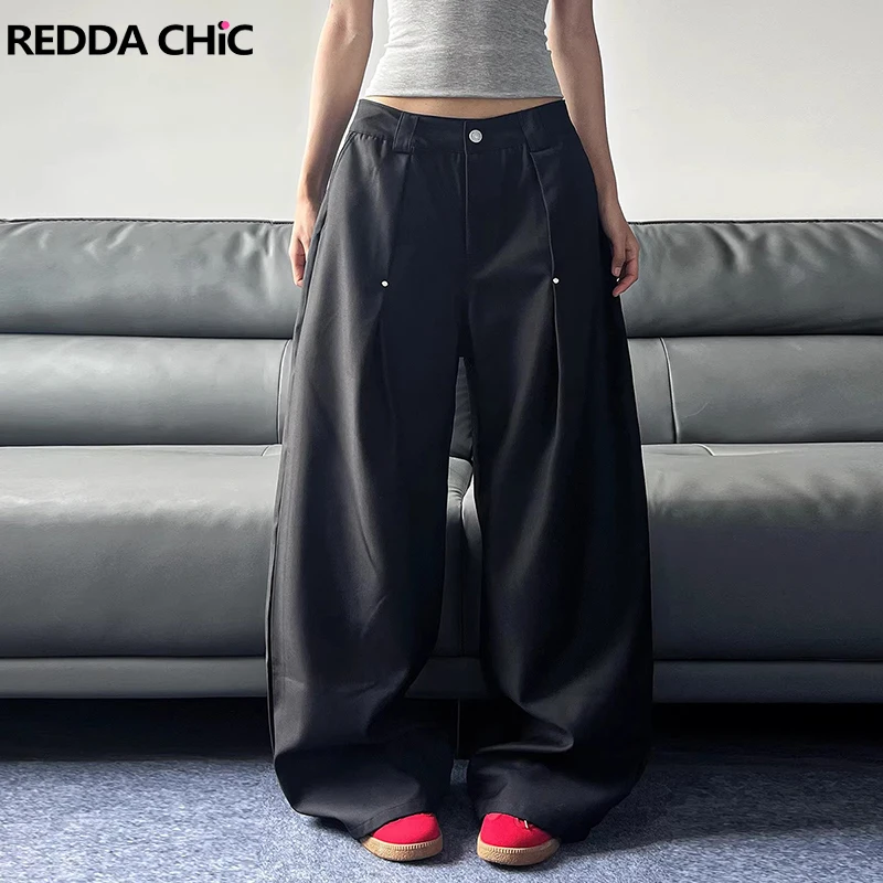 

ReddaChic Office Work Women Dress Pants with Pockets Loose Casual Plain Black Wide Leg Barrel Suit Trousers Comfy Everyday Wear
