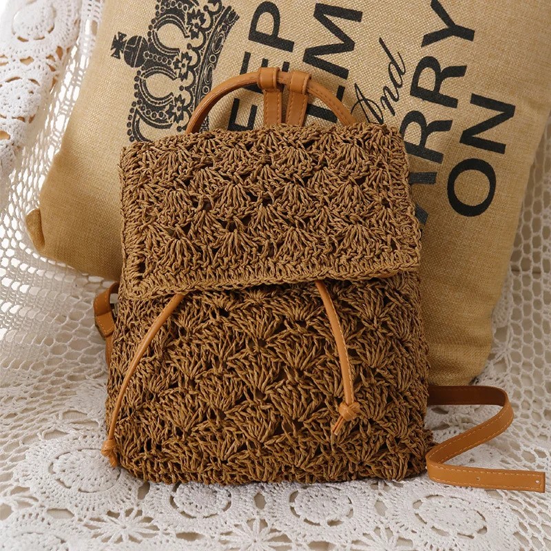 Summer Straw Backpack Bag for Women Woven Handmade Handbag Large Capacity Lady Tote Vacation Beach Bag Shoulder Crossbody Bag