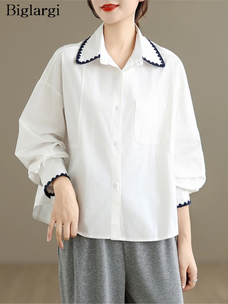 

Осенние рубашки большого размера, женские лоскутные рубашки с принтом, модные повседневные свободные женские укороченные блузки, женская рубашка с длинным рукавом