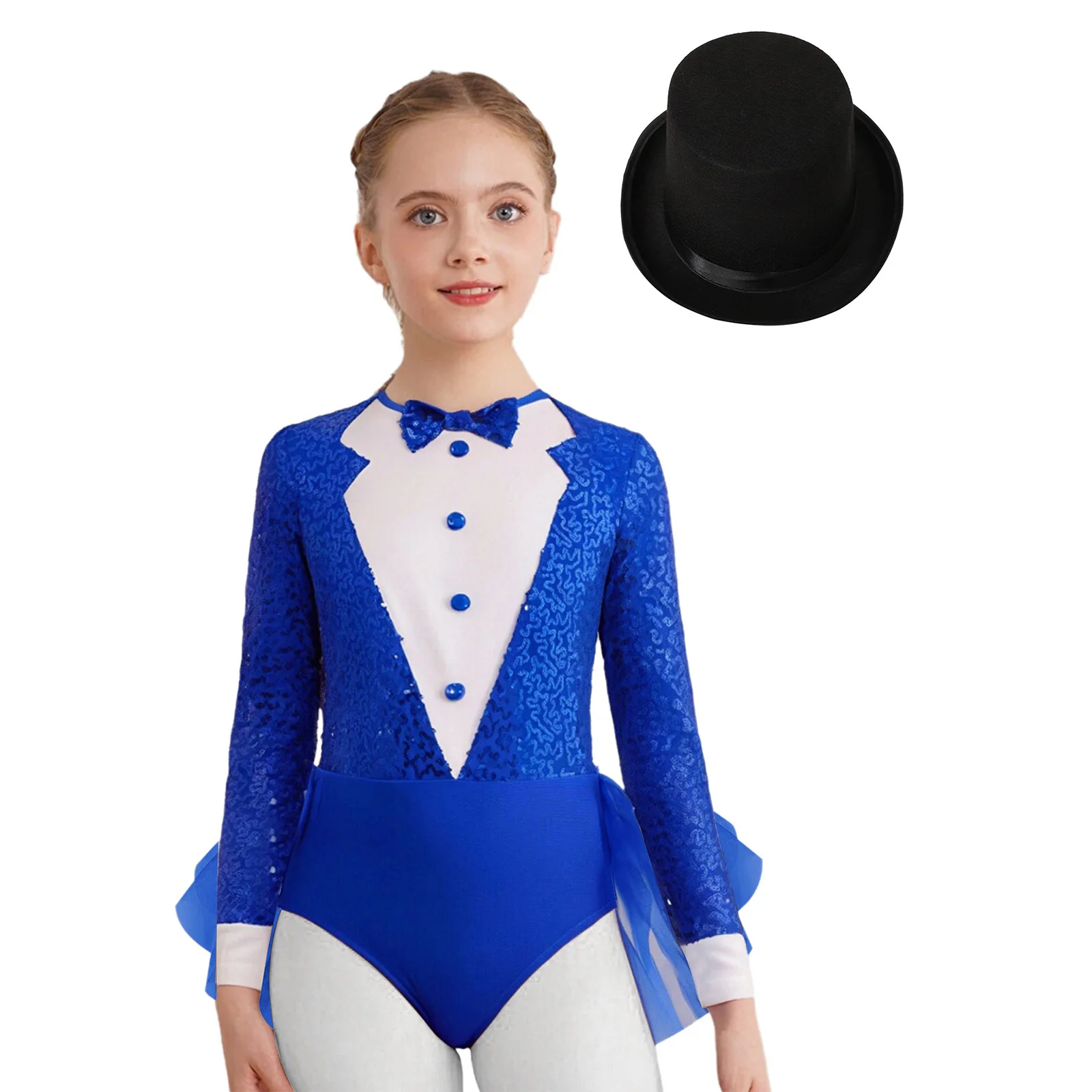 Costume da spettacolo di danza jazz per ragazze, mago di Halloween, vestito cosplay, manica lunga, corpetto con paillettes, body con gonna in tulle + set di cappelli
