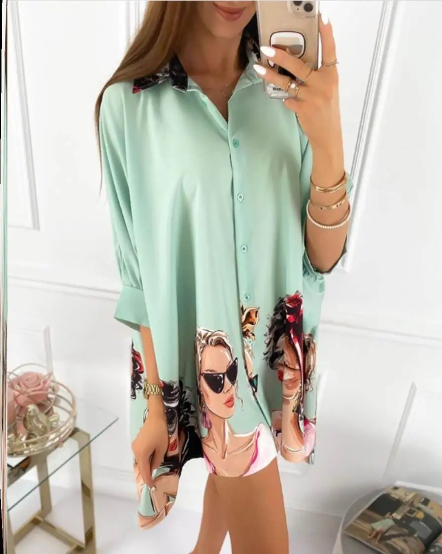 

Women's Casual Cartoon Print irt Dr Single Button Mid-Length Collar Regular Sve Straight Fit Summer Faion