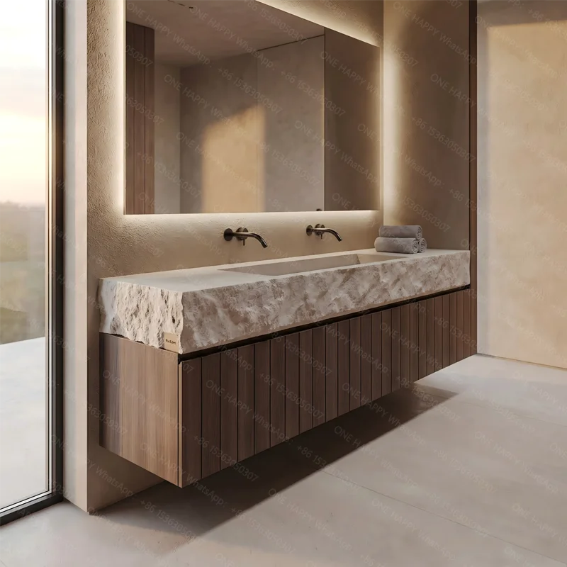 Maßgefertigtes Vintage-Travertin-Doppel-Unterbauwaschbecken, luxuriöser Naturstein-Badezimmerschrank, Villa-Wohnmöbel, hochwertig