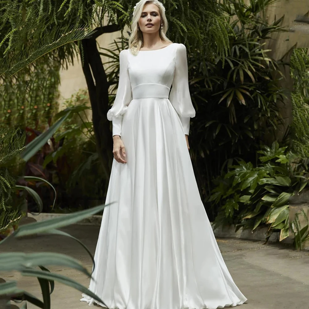 

Simple Satin Customized Wedding Dress Sexy Open Back Scoop Neck Bridal A-Line Floor Length Gorgeous Long Sleeve Gown Autumn