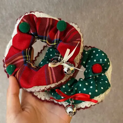 1PC Christmas Plaid Polka Dot Scrunchies | Festive Hair Ties with Bells & Pom Poms, Lace-Trimmed Hair Accessories for Women
