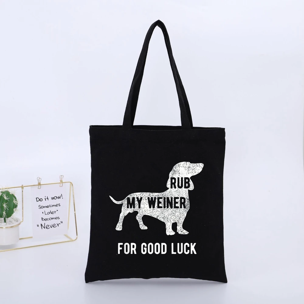 Dachshund Graphic Canvas Tote Bag with Slogan Print, Casual Style for Daily Shopping