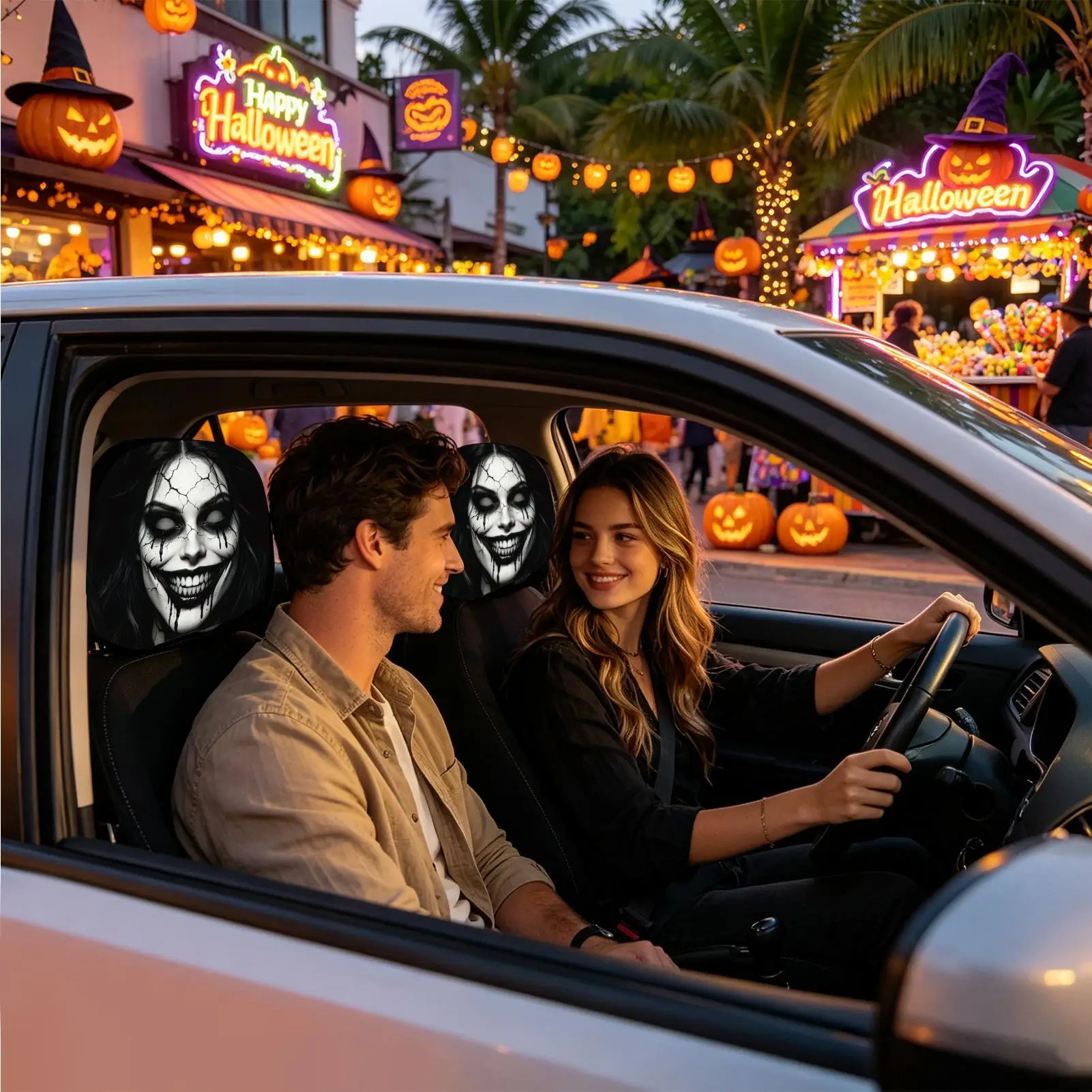 Scary Car Headrest Covers 2 Pieces Ghost Face Halloween Print Elastic Festive Headrest Protector Car Seat Accessories For