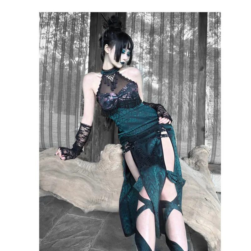 Blood supply ◆ Snake lusting heavy industry sexy jacquard cheongsam Halloween mesh improvement slit dress spring