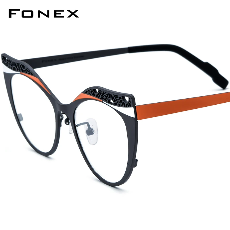 FONEX Titanium Eyeglasses Frame Women Fashion Colorful Hollow Out Cat Eye Glasses 2024 New Men Eyewear F85825