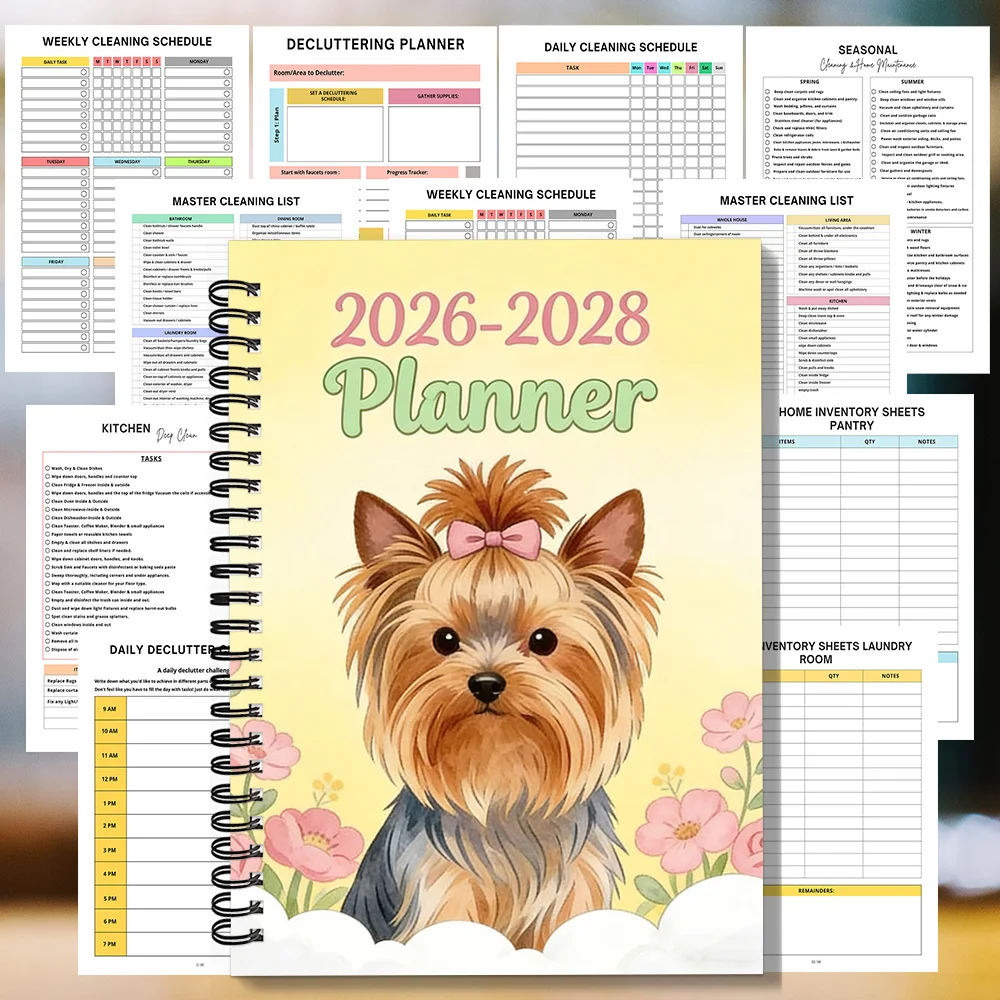 1 Stück 2026-2028 Niedlicher Yorkshire Terrier Planer-Notizbuch, Frisches Blumendesign, Geeignet für Tägliche Terminplanung, Perfekt für Pe