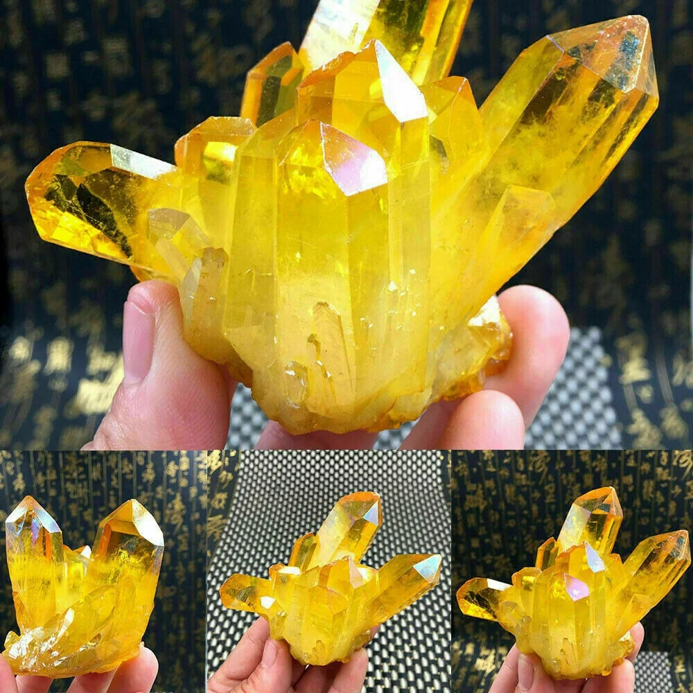 Natural Healing Gemstone Crystal Irregular Electroplating Yellow  Aura Quartz Crystals Cluster Raw Stone Hand craft Deco