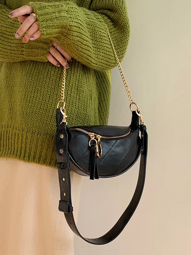 2025 Bolso de cintura negro para mujer con cadena, bolso cruzado informal a la moda para ir al trabajo diario, bolso pequeño versátil para todas las estaciones