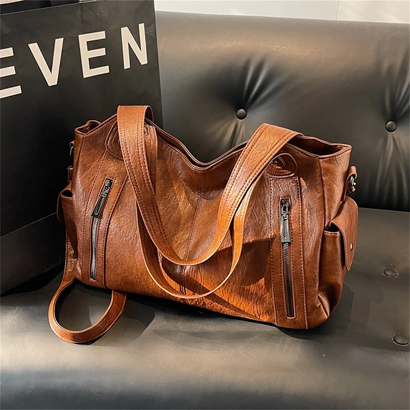 Two Layer Large Capacity Shopping Bag Women\'s Handbag High Quality Soft Leather Tote Bags Fashion Retro Female Shoulder Bolsas