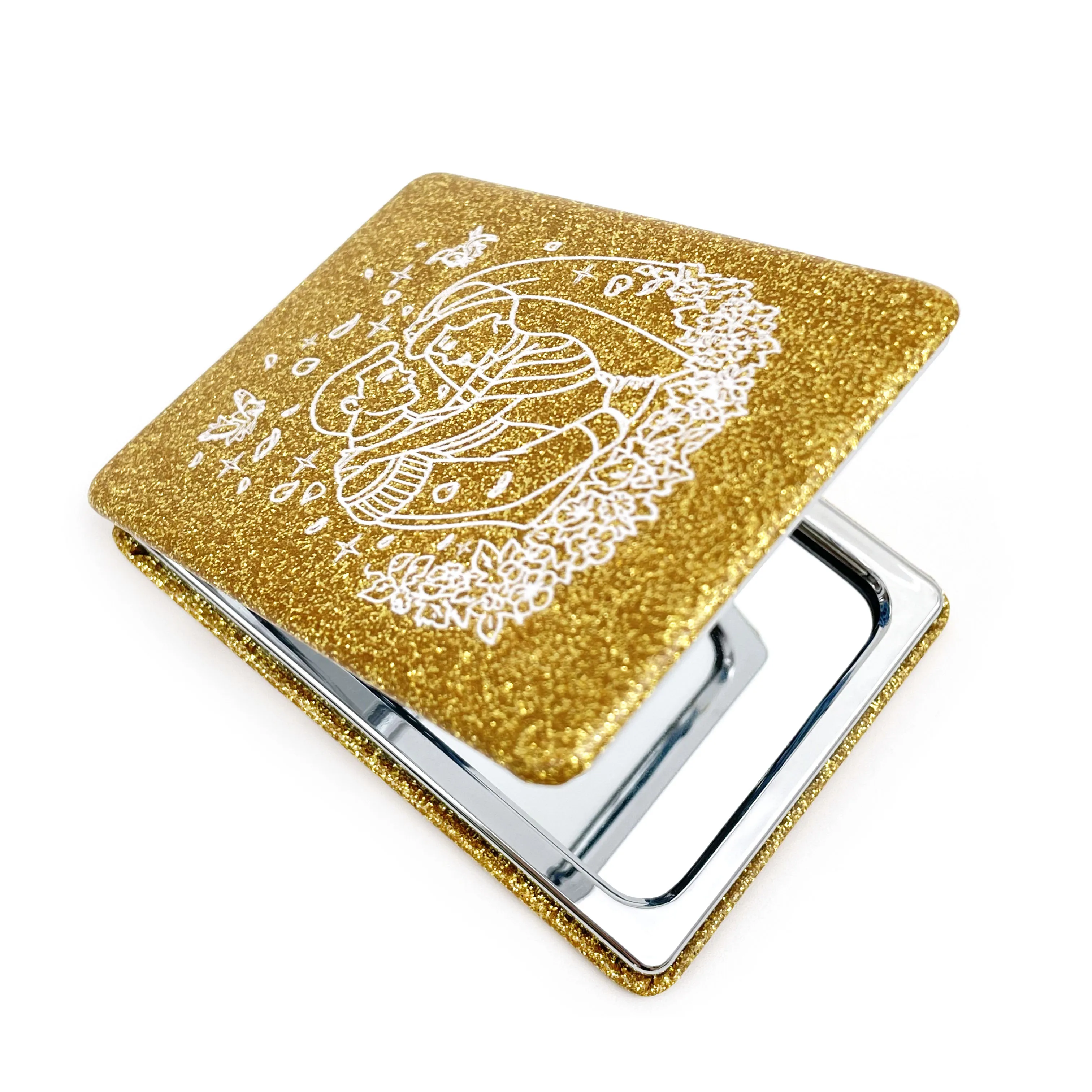 กระจกหนังกลิตเตอร์สี่เหลี่ยมสีทองสำหรับคู่งานแต่งงานของเจ้าสาวที่หรูหรา/ของชำร่วยแต่งงานที่สมบูรณ์แบบสำหรับแขก