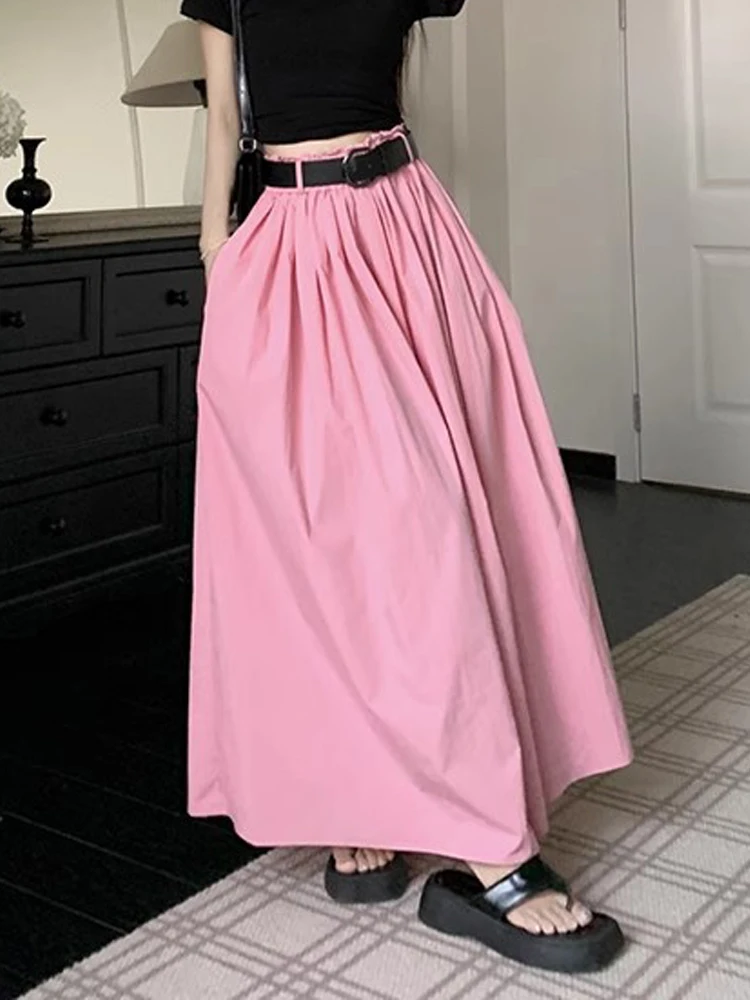 Verão novo rosa a linha saia feminina elástica cintura alta escondendo emagrecimento versátil saia coreano sle saia longa