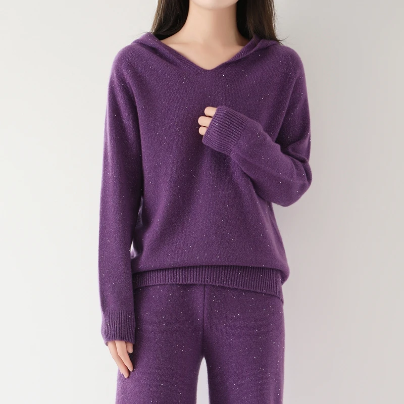 

2025 New Chic Autumn Winter Women 100% Merino Wool Sweater Hooded Pullover Casual Top Solid Pure Wool Jumper Clothing Hoodie