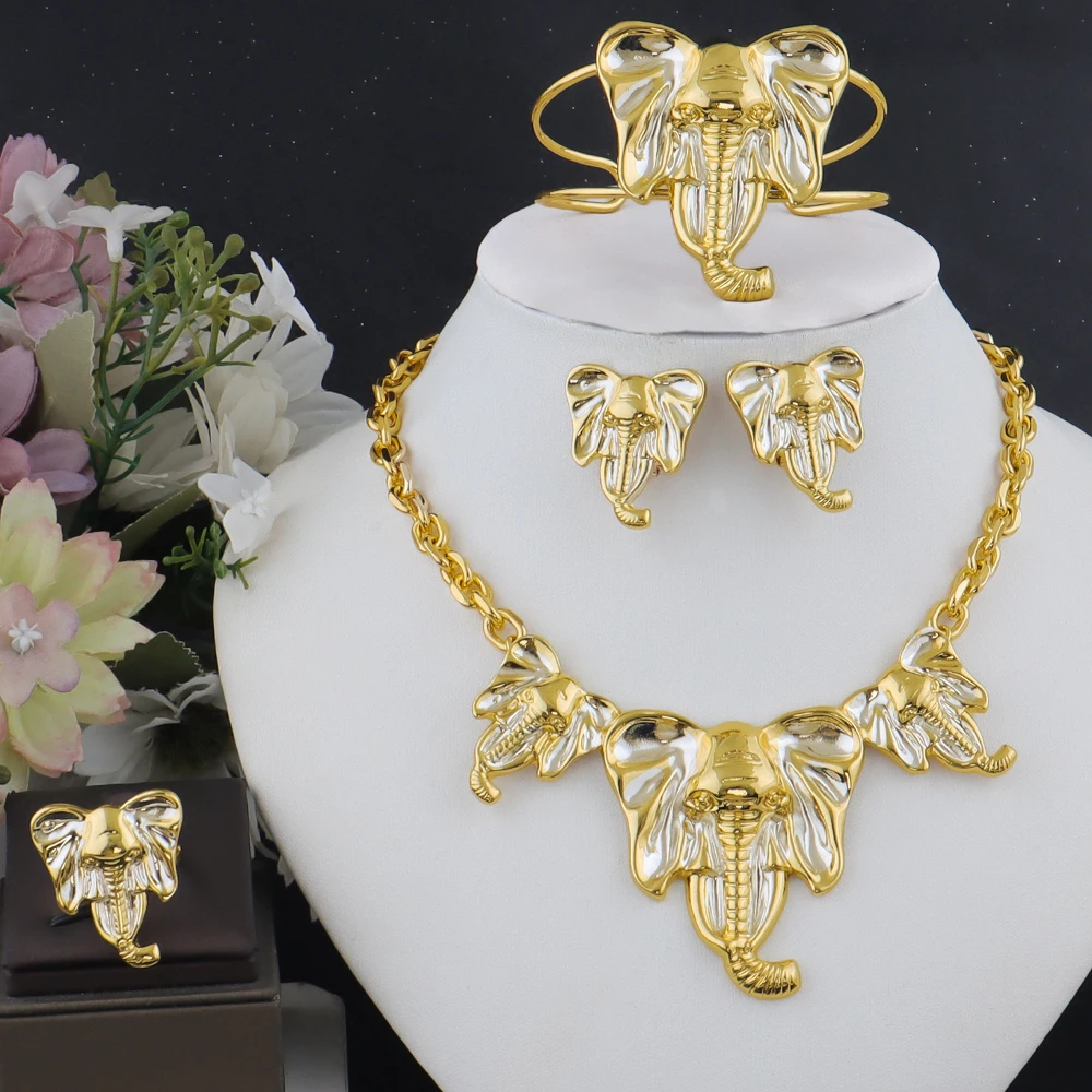 

Gold Color Jewelry Set For Women Copper Earrings Necklace Bangle Ring Mid East Dubai Bridal Jewelry Accessory For Wedding Party