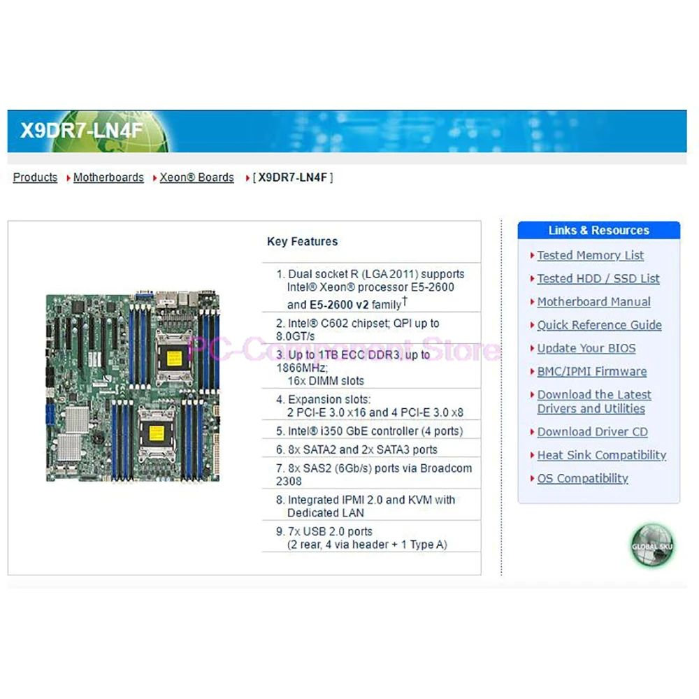 Server Motherboard 2011 Dual Sockets X9DR7-LN4F