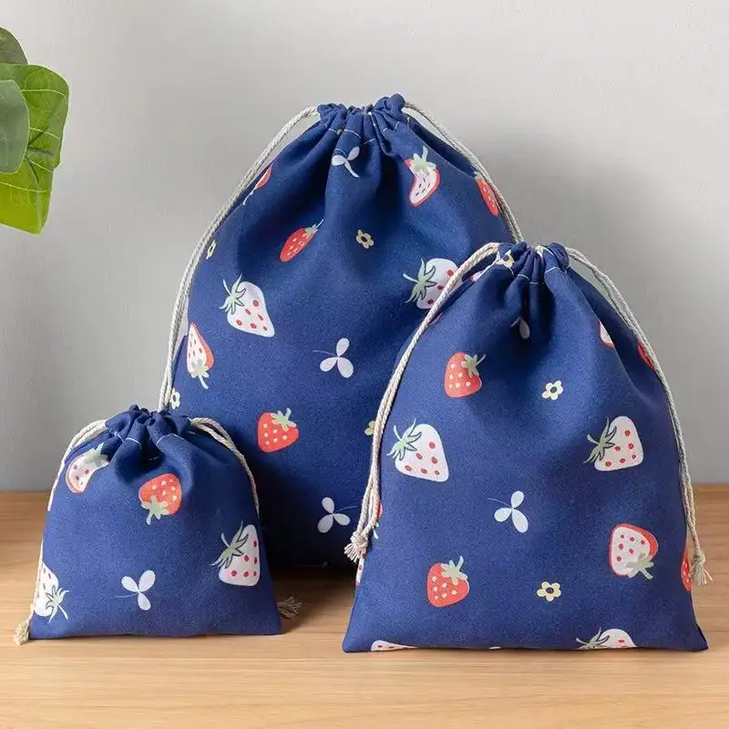 3Pcs Cotton Drawstring Bags Set Large Medium Small Cute Print Storage Pouches for Travel Cosmetics & Sundries