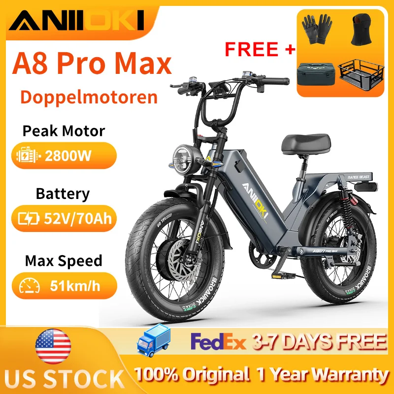 

Электровелосипед Aniioki aq177 pro max для взрослых, 2800 Вт, два двигателя, 52 В, 70 Ач, скорость до 32 миль/ч.