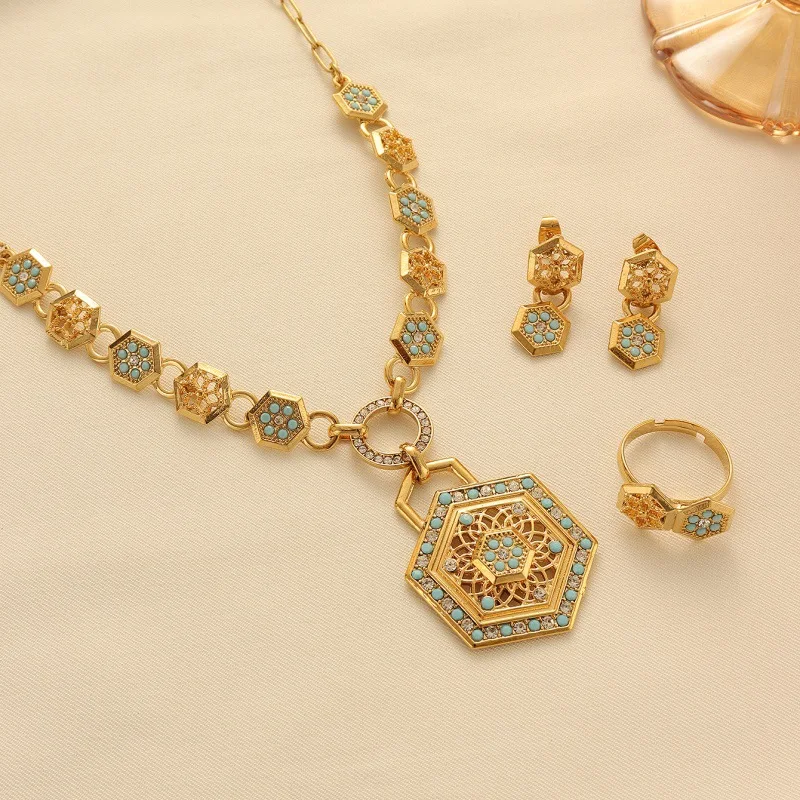 Ancient style platingKGolden Ruyi Peace Necklace Three-Piece Set