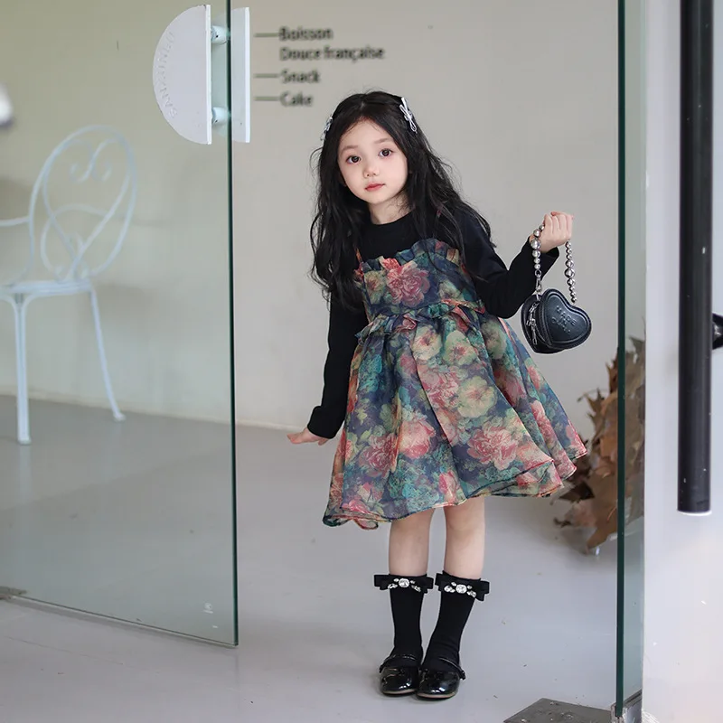 

Girls' Stunning Floral Strap Dress Set for Spring and Autumn2025New style high-end super cute dress for girls