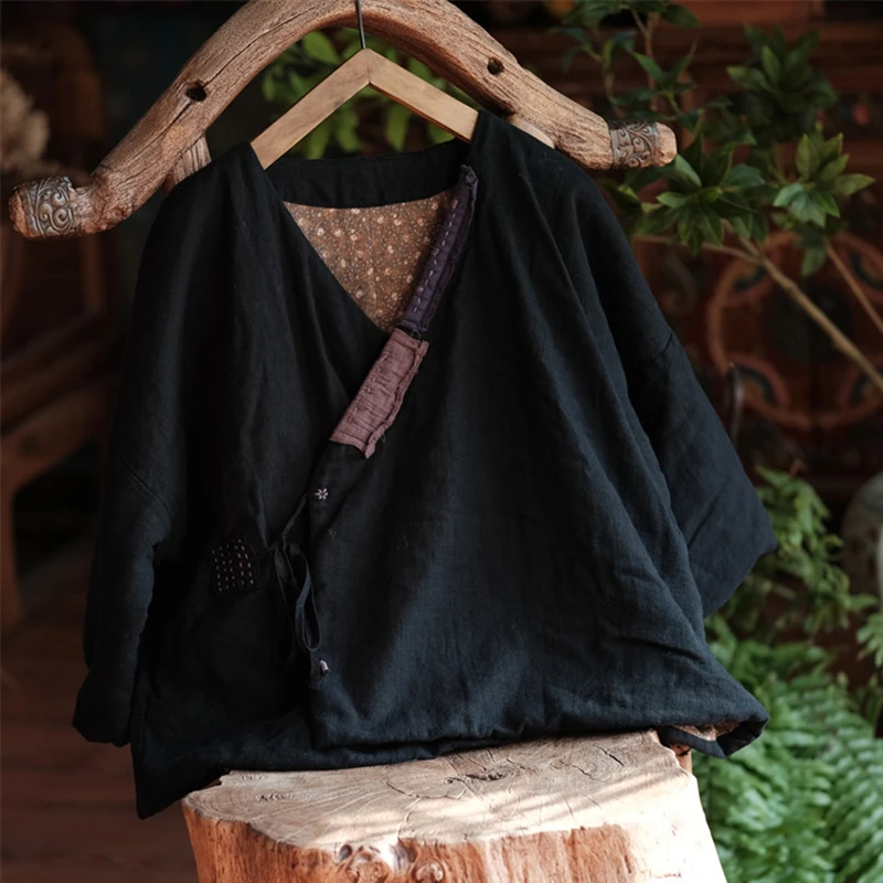 Women Cotton Linen Casual Coats New Arrival 2025 Autumn Chinese Style Vintage V-neck Loose Female Thick Basics Jackets M1869